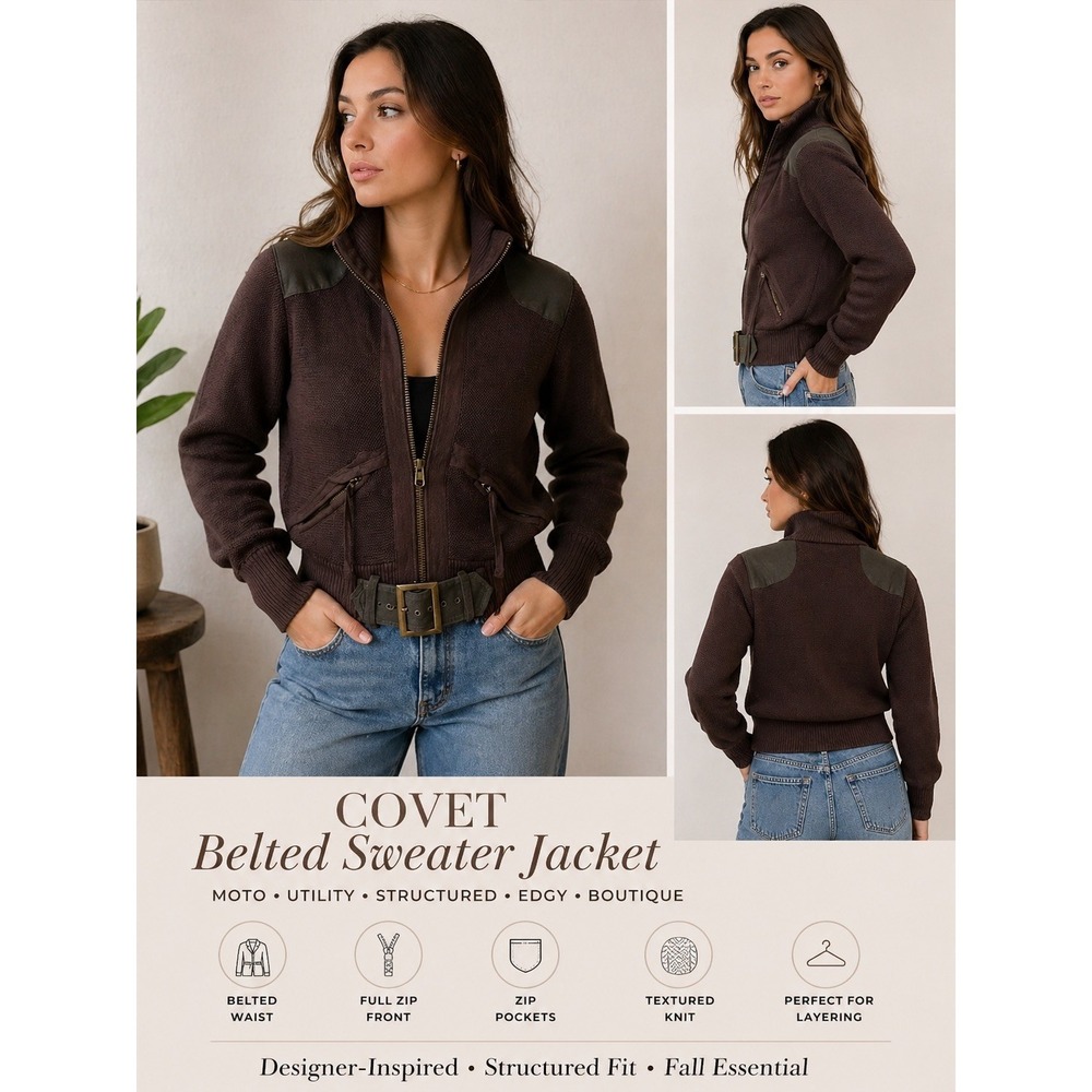 Covet XS Belted Moto Utility Jacket Brown Cropped Knit Steampunk Grunge Boho NWT